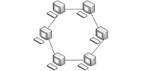 Diagram topologi ring menunjukkan perangkat yang terhubung dalam bentuk cincin, di mana data bergerak searah di antara node yang saling terhubung.