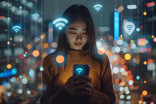 A woman using a smartphone surrounded by Wi-Fi symbols, illustrating the question "10 Mbps untuk berapa orang".