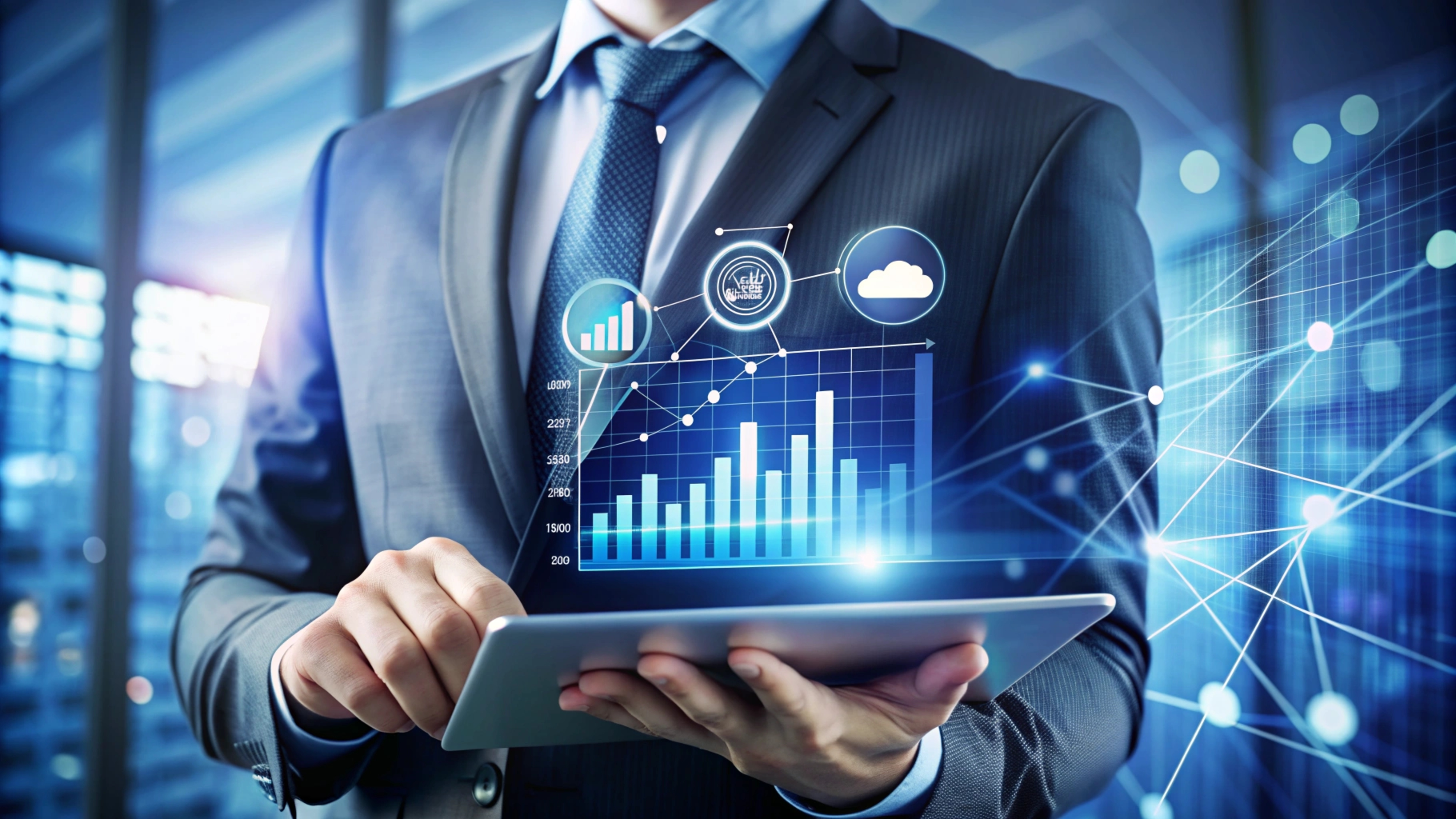 Businessman using tablet with digital graphics as an illustration of 5 Mbps wifi usage (5Mbps berapa GB)