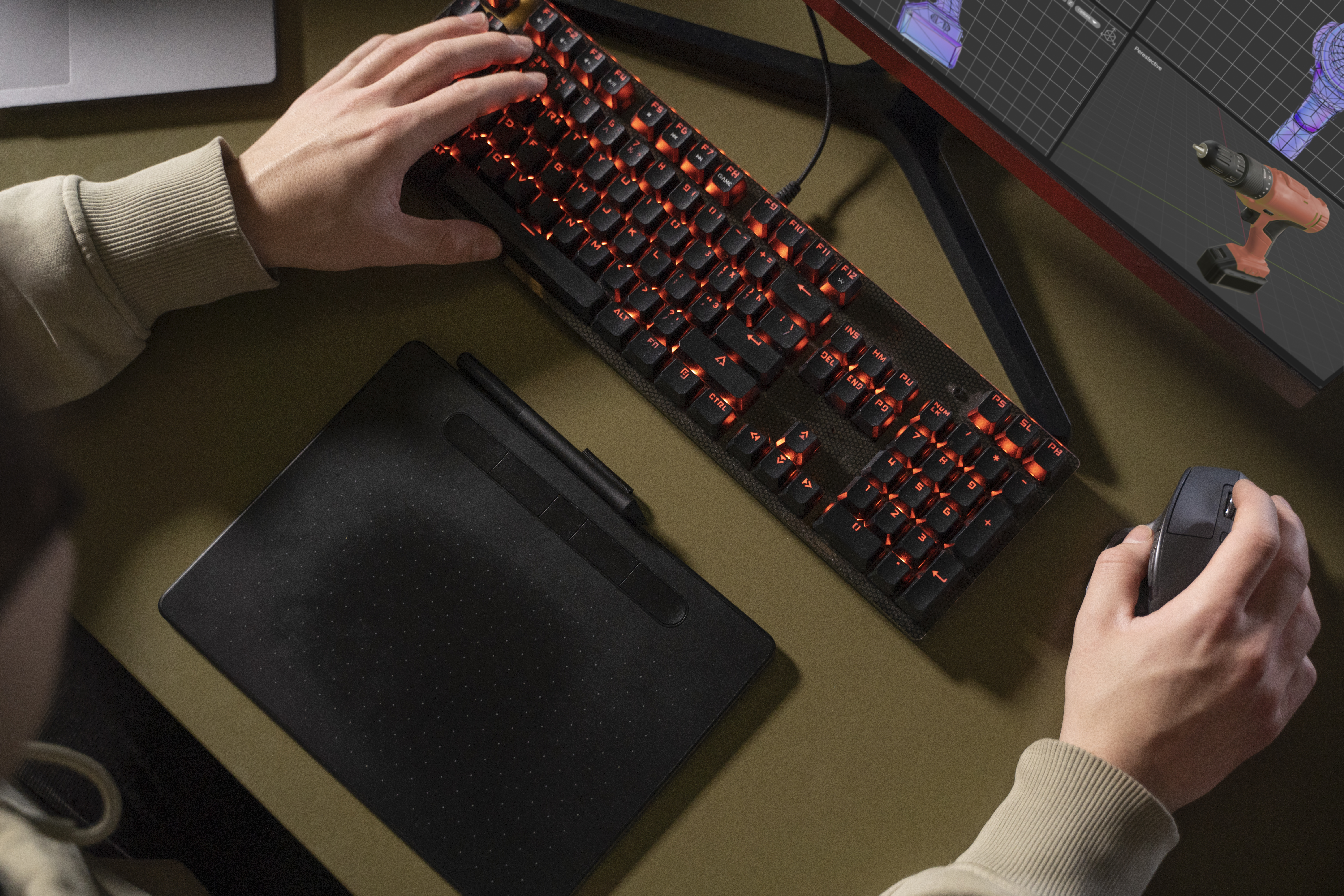 Hand on a red-lit gaming keyboard, symbolizing intense gameplay—illustration for 'game olahraga' or sports-themed games.