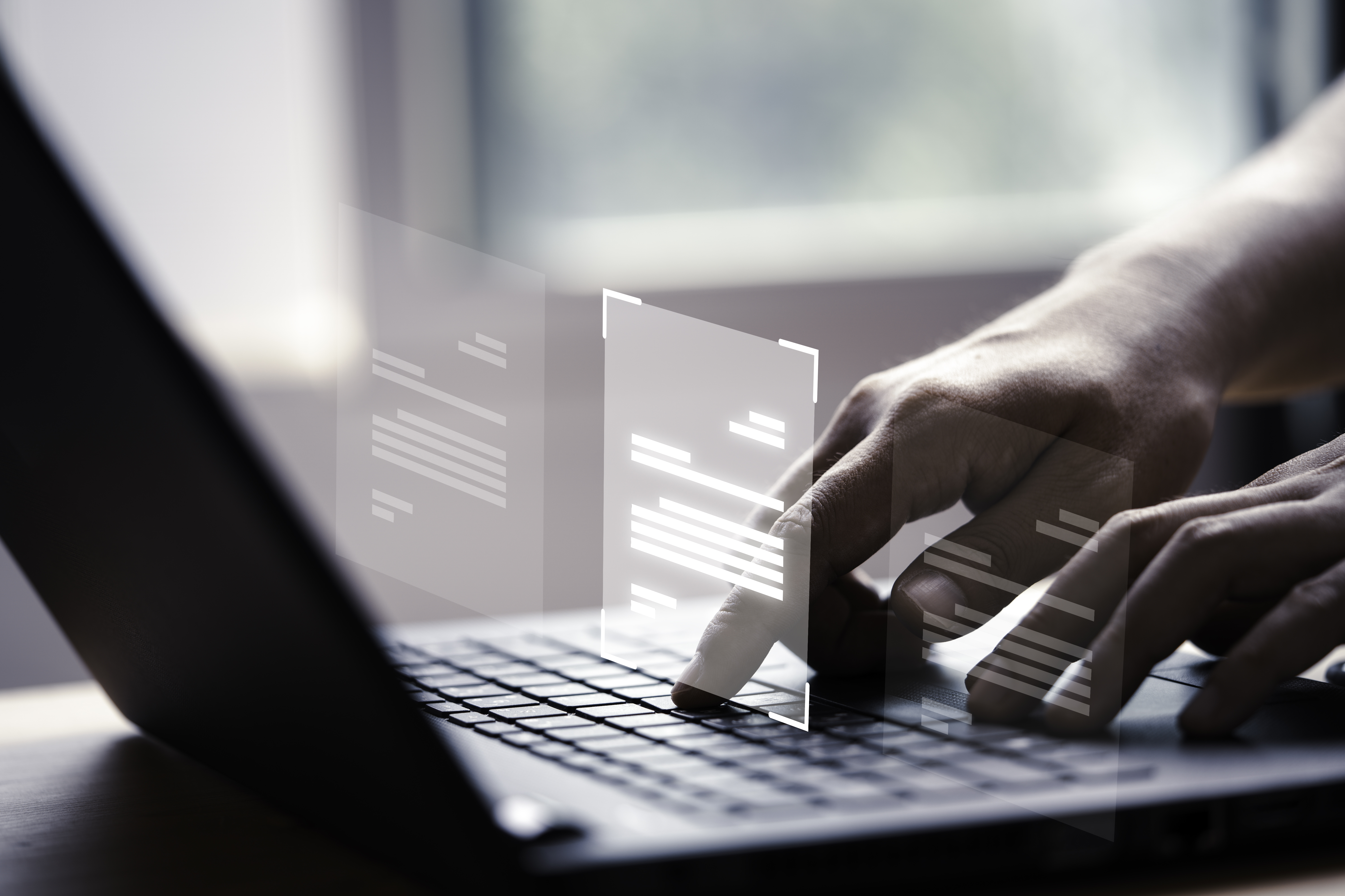 Hand on laptop with virtual interface displaying documents and approval icons, illustrating secure online access for free proxy browsing (proxy gratis).
