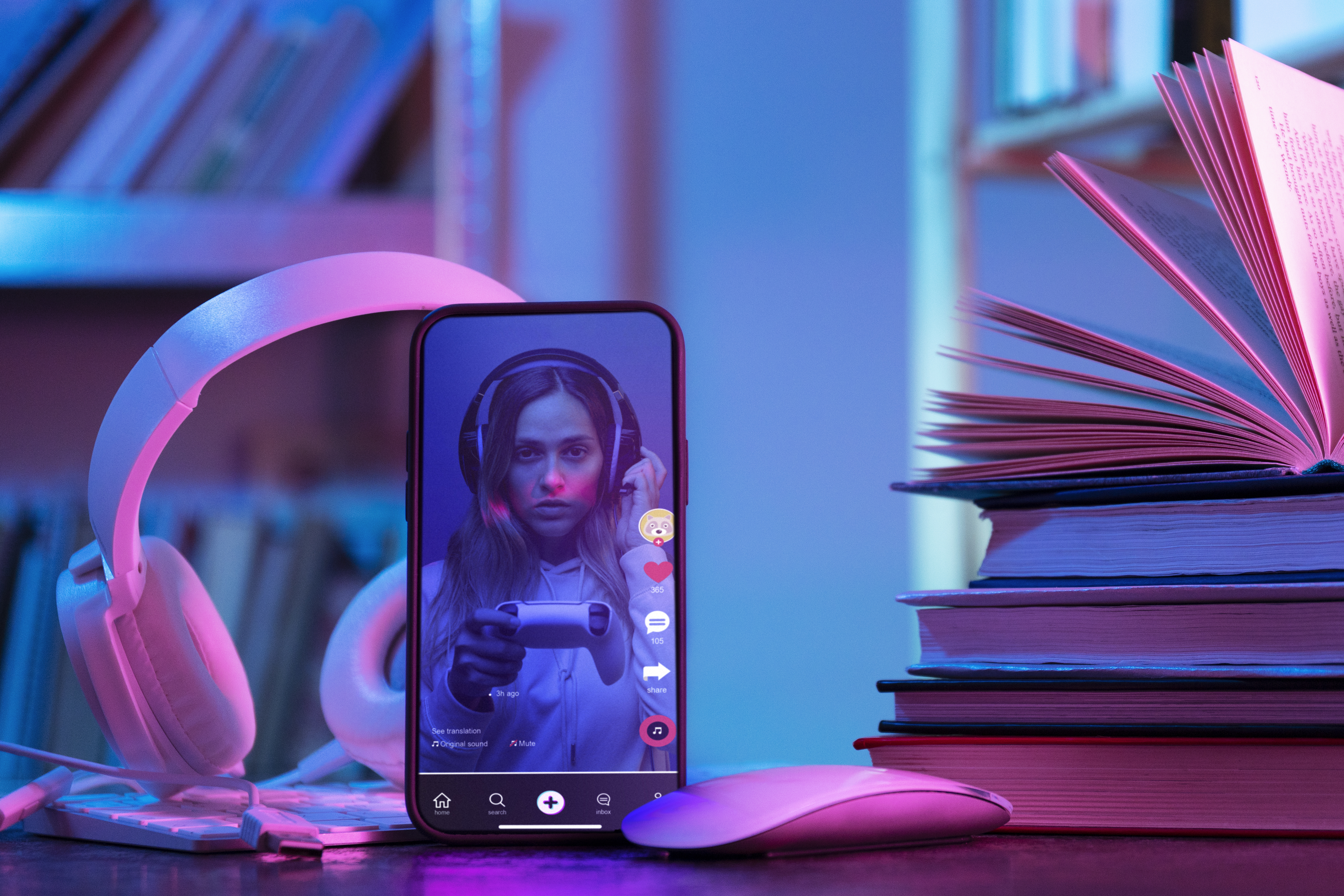 Smartphone displaying a TikTok video on the For You page, placed in front of headphones and books, illustrating how to remove the TikTok watermark.