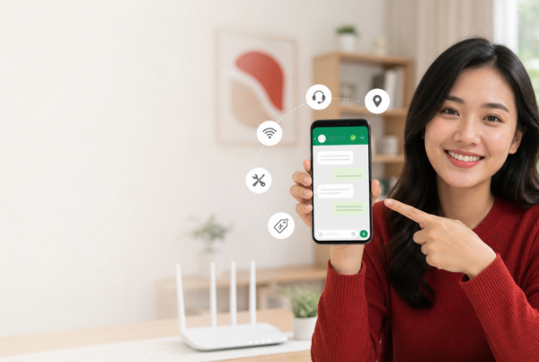 Pelanggan menghubungi WhatsApp Official Biznet Home Care untuk bantuan layanan Internet.