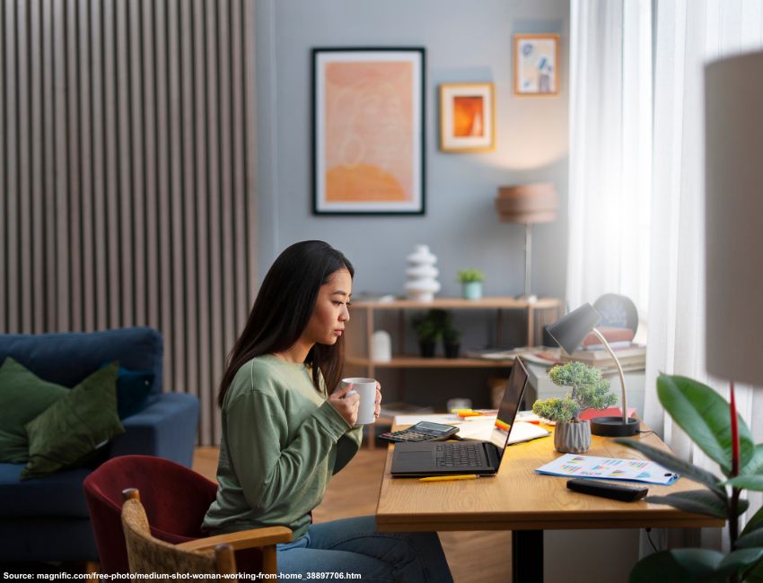 A medium shot of a woman working from home in a comfortable outfit, as an illustration of how wifi mesh works. 